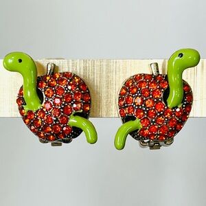 Heidi Daus CLIP 🆕 Charming Green Worm 🐛 in Sparkling Apple Crystals Earrings